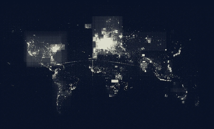 A map showing square outlines overlapping each other. The squares form clusters, even without land borders you can recognise the shape of continents and the location of densely populated areas.