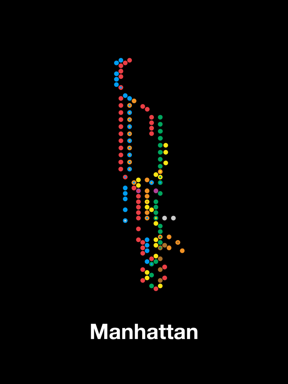 A stylised map of Manhattan subway stations, each using the colour of one line the station serves.