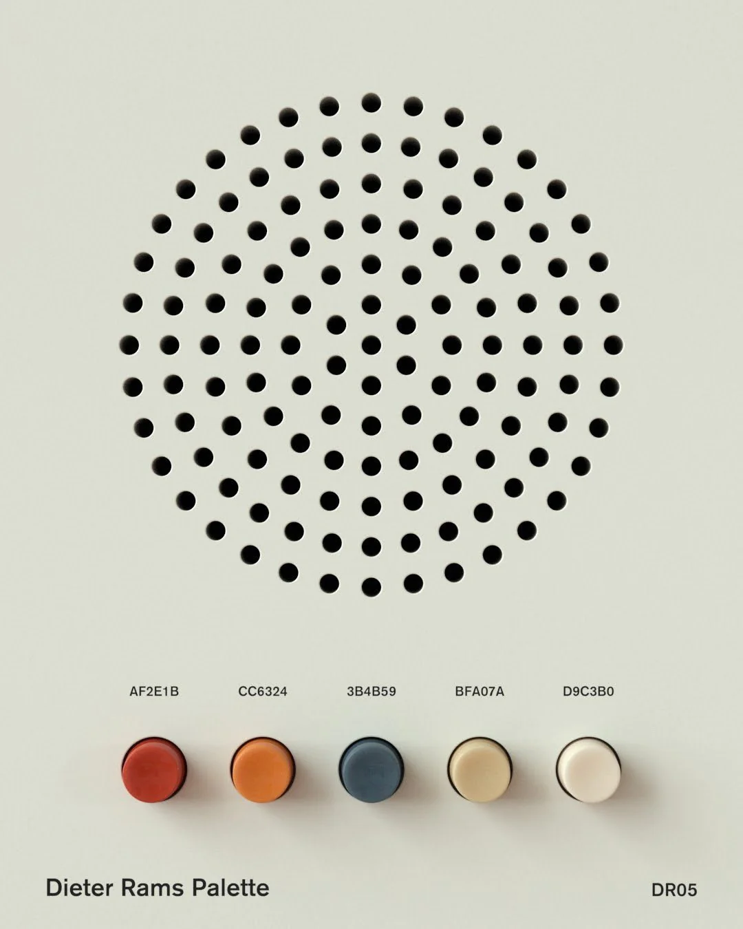 A stylised speaker, with four buttons in different colours. They represent colours taken from Dieter Rams' iconic designs for Braun.